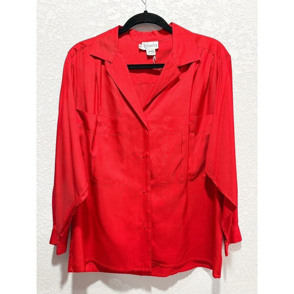 Rafaella VTG 90s 100% Silk Womens 10 Long Sleeve Collared Red Blouse Classic